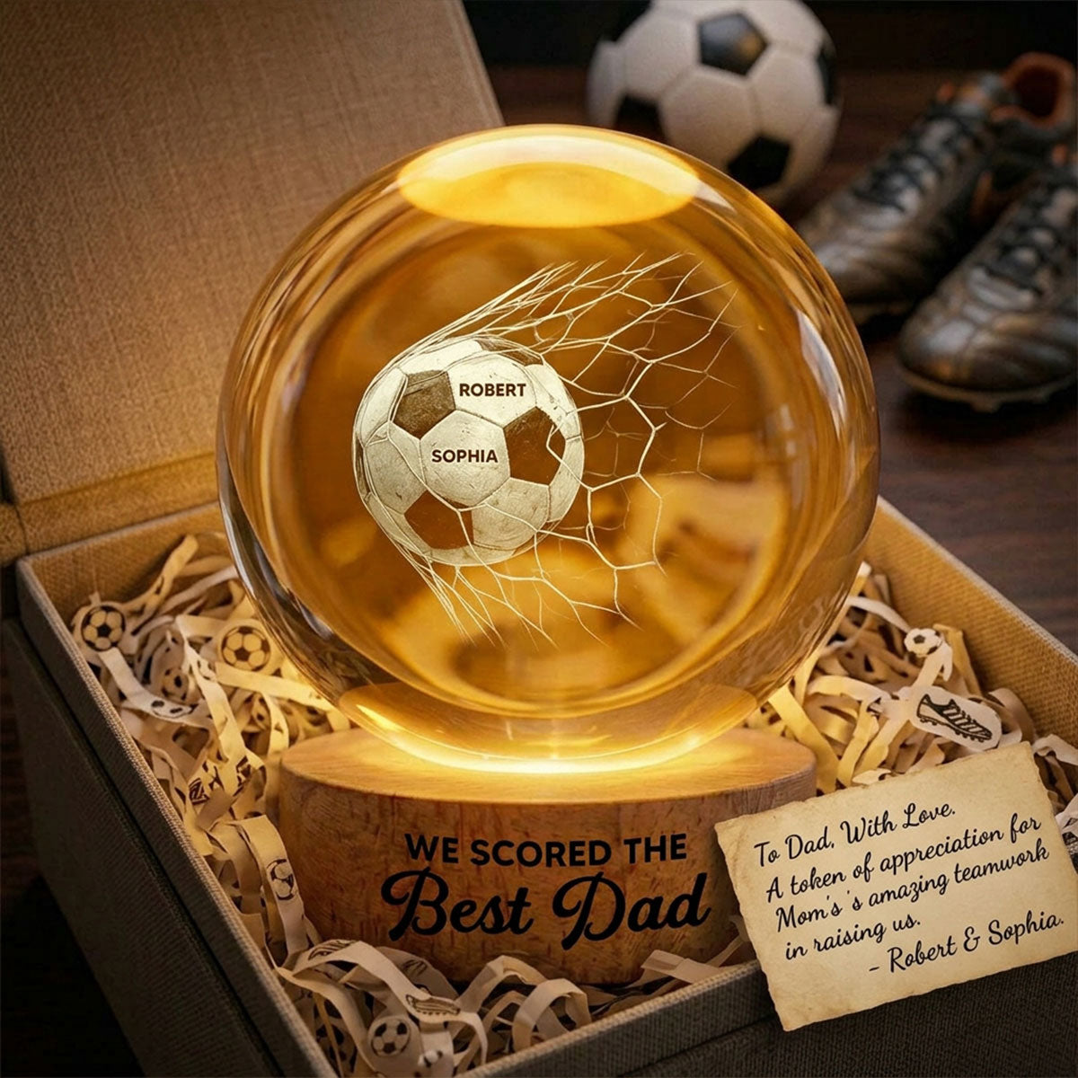 We Scored The Best Dad - Personalized Crystal Ball LED Night Light - Gift For Sport Dad | Soccer, UK Football, Baseball, Basketball, American Football