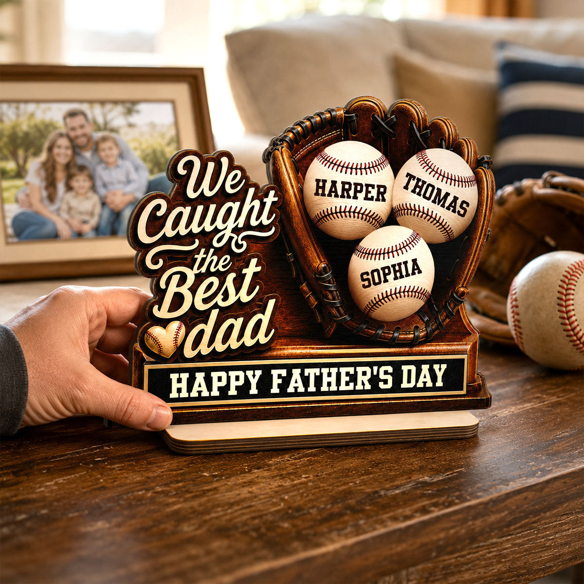 We Caught The Best Dad Baseball In Glove - Personalized 2-Layered Wooden Plaque - Happy For Baseball Dad