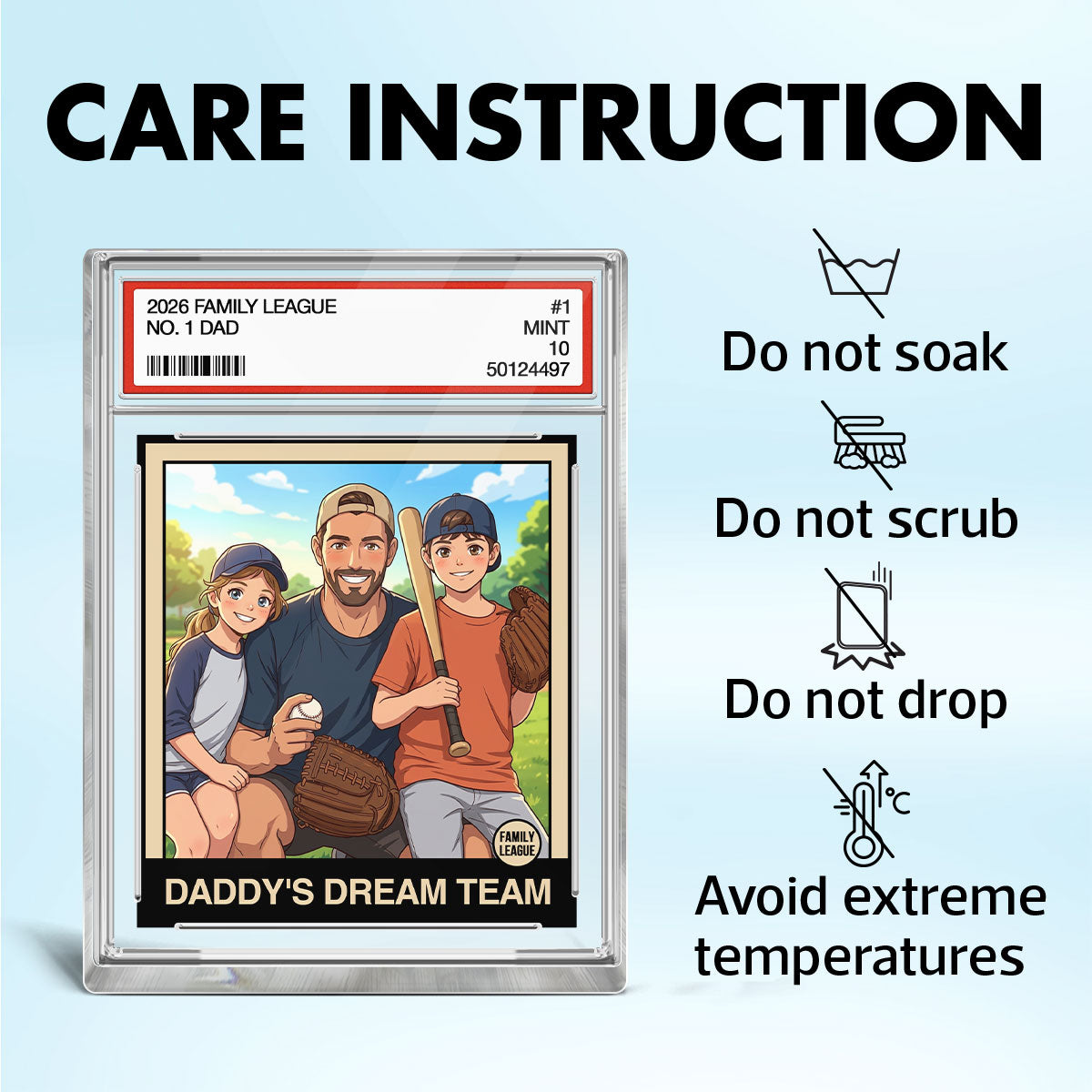 Cartoon Style Baseball Daddy's Dream Team Trading Card - Personalized Acrylic Block Plaque - Gift For Baseball Dad, Husband