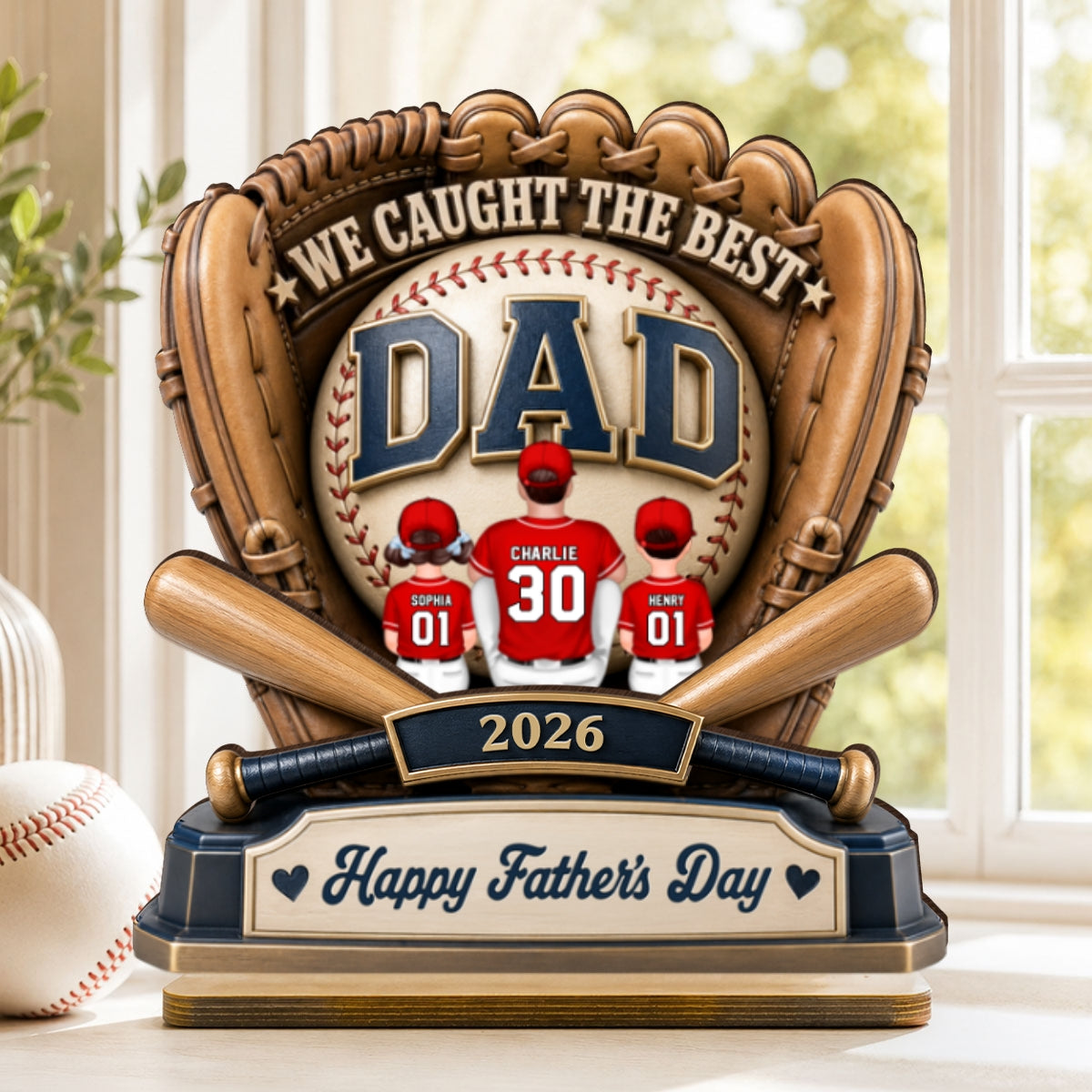 Dad's Greatest Catch Baseball - Personalized 2-Layered Wooden Plaque - Gift For Dad, Husband