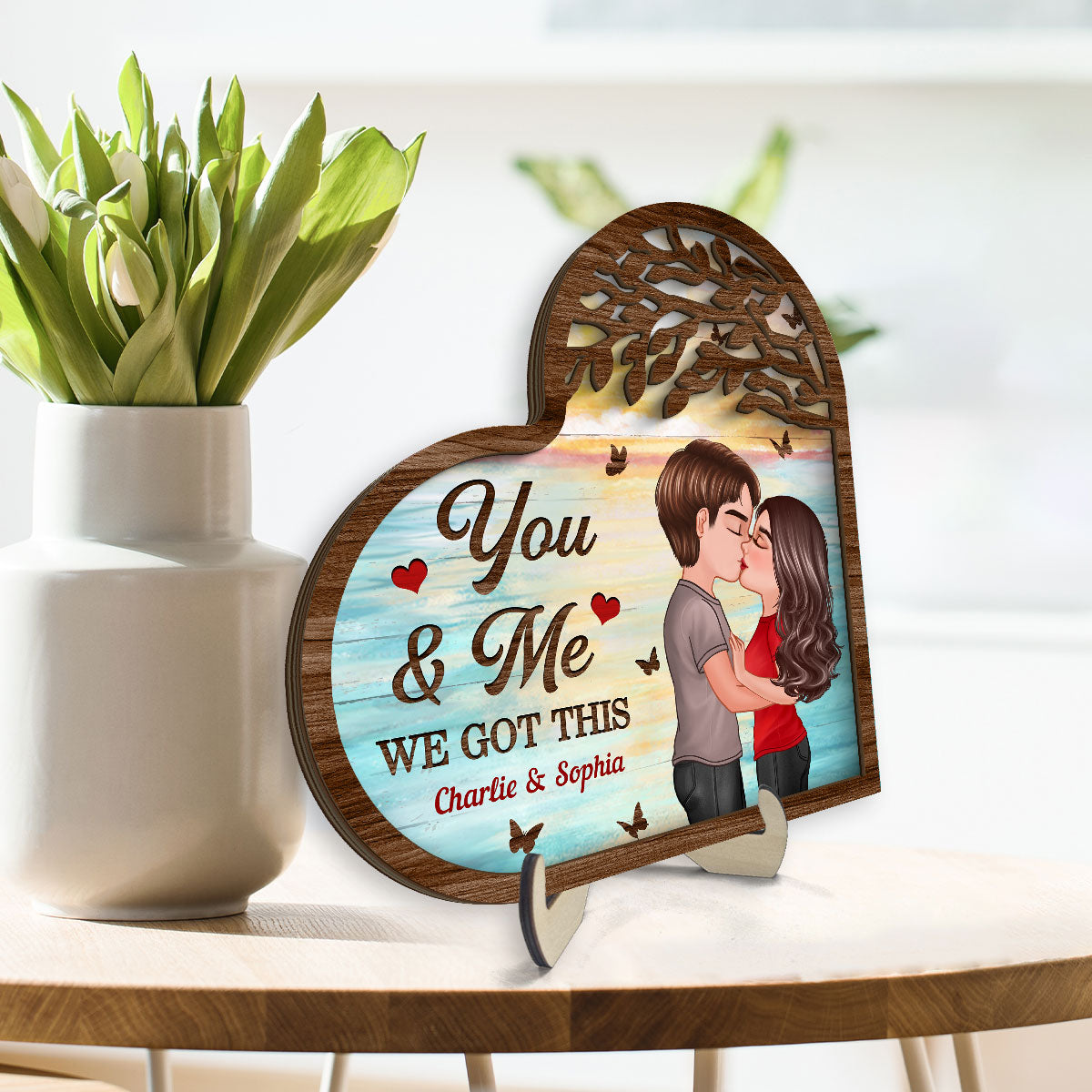 Couple Kissing Under Tree Heart Shaped Gift For Him For Her Personalized 2-Layer Wooden Plaque