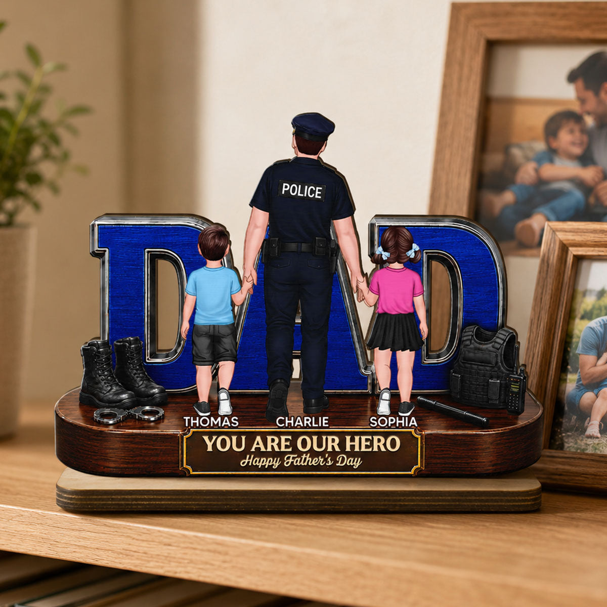 Proud American Police Dad You Are Our Hero - Personalized 2-Layered Wooden Plaque - Unique Trending Gift For Dad, Husband