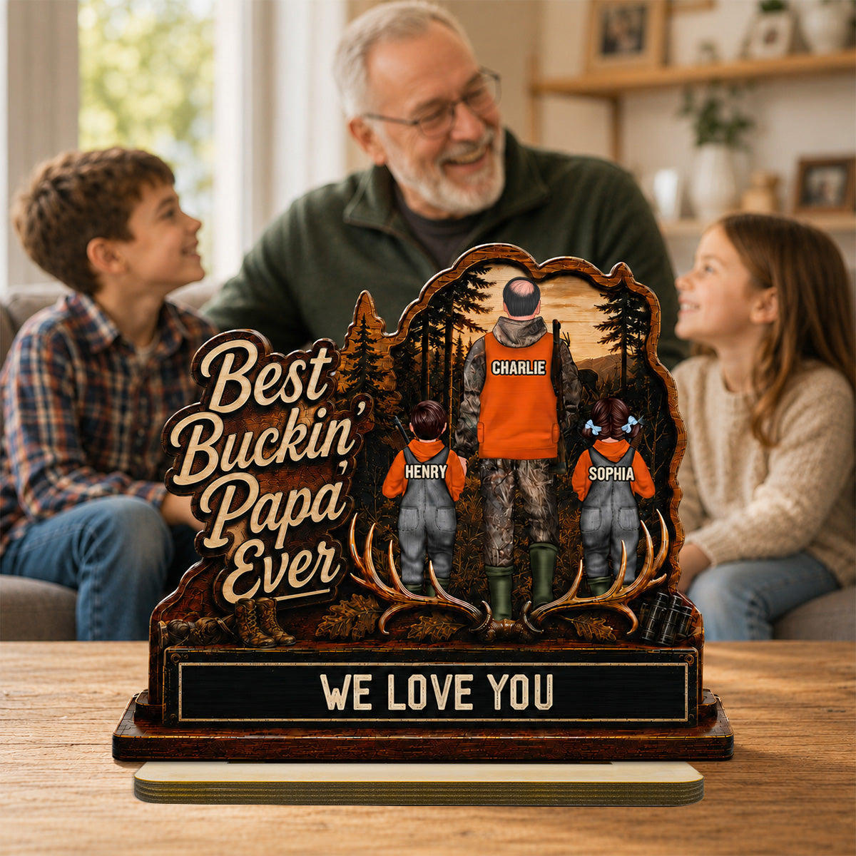 Best Buckin' Dad Papa Ever Hunting Man & Kids 2D Flat - Personalized 2-Layered Wooden Plaque - Gift For Hunting Dad, Grandpa