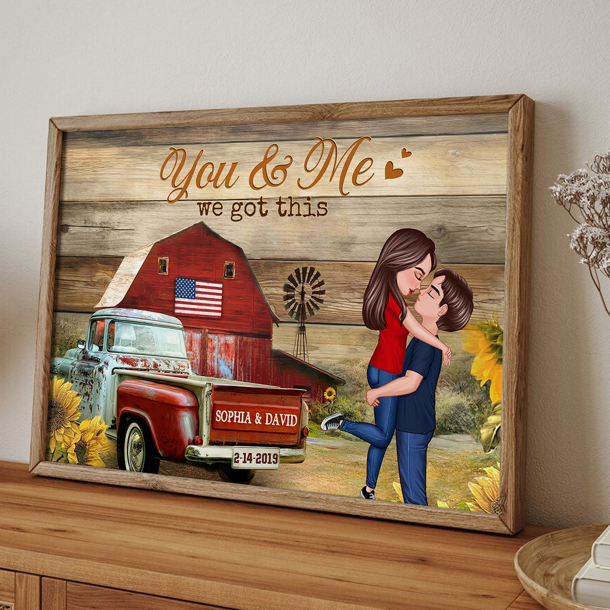 Couple Hugging Kissing Vintage Truck Farmhouse Personalized Poster, Anniversary Gift For Him, Her, Husband, Wife