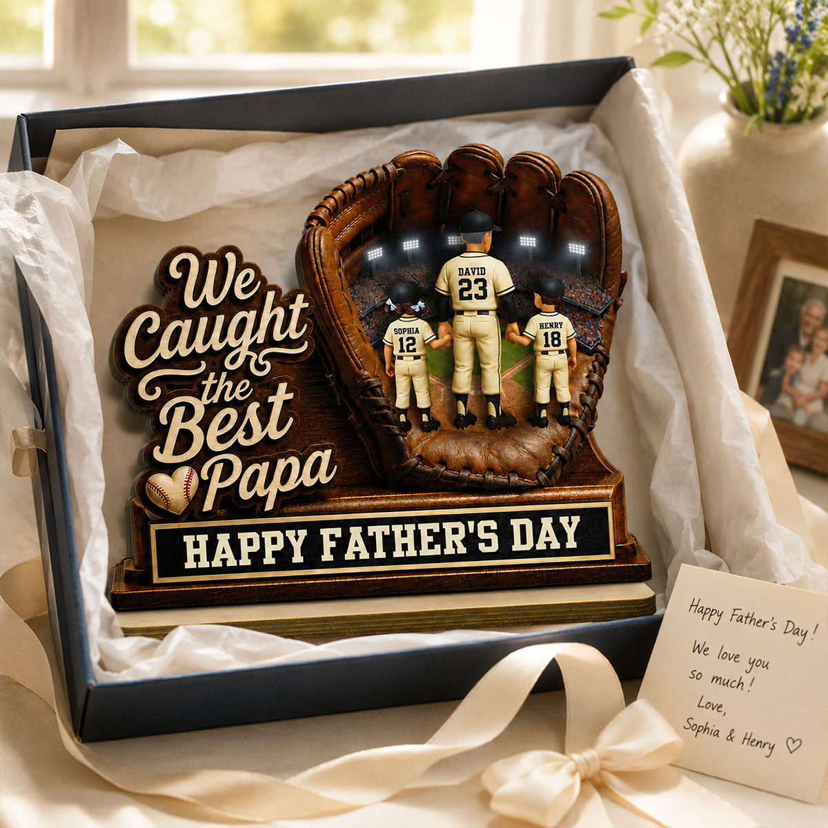 We Caught The Best Grandpa Man & Kids In Glove - Personalized 2-Layered Wooden Plaque - Happy For Baseball Grandpa