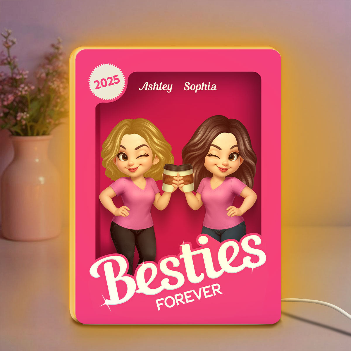 Besties Partners In Crime Pink Action Figure 3D Effect Personalized Light Box