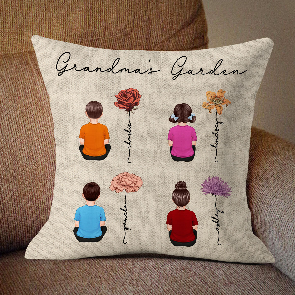 Grandkids Sitting Grandma Garden Vintage Birth Month Flowers Personalized Pillow