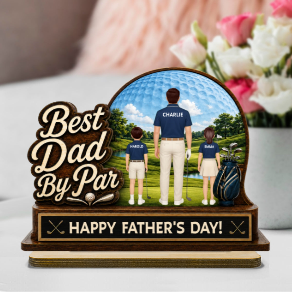 Best Dad By Par Custom Man & Kids Back View - Personalized 2-Layered Wooden Plaque - Gift For Golf Dad