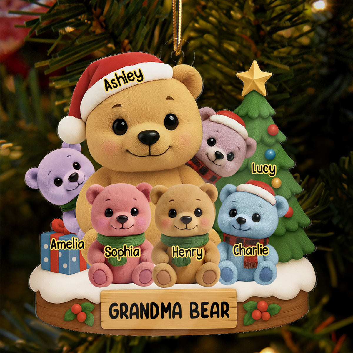 Grandma Bear Sitting with Grandkids Personalized Acrylic Ornament, Christmas Gift for Grandma
