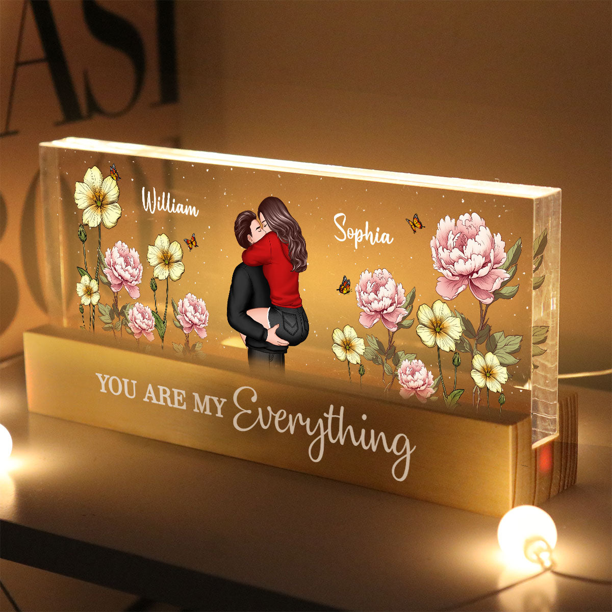 Couple Embracing Kissing Birth Month Flower Personalized Acrylic Block LED Night Light, Heartfelt 2025 Gift For Couple, For Him, For Her, Boyfriend, Girlfriend, Husband, Wife
