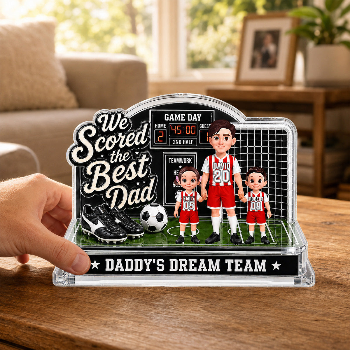 Soccer Dad & Kids On Court 2D Flat - Personalized Acrylic Block Plaque - Gift For Soccer Dad, UK Football Dad