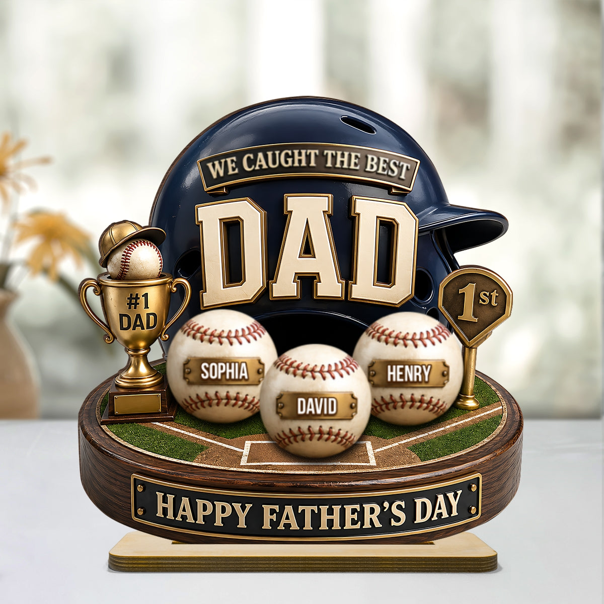 Baseball Trophy We Caught The Best Dad - Personalized 2-Layered Wooden Plaque - Gift For Dad, Husband