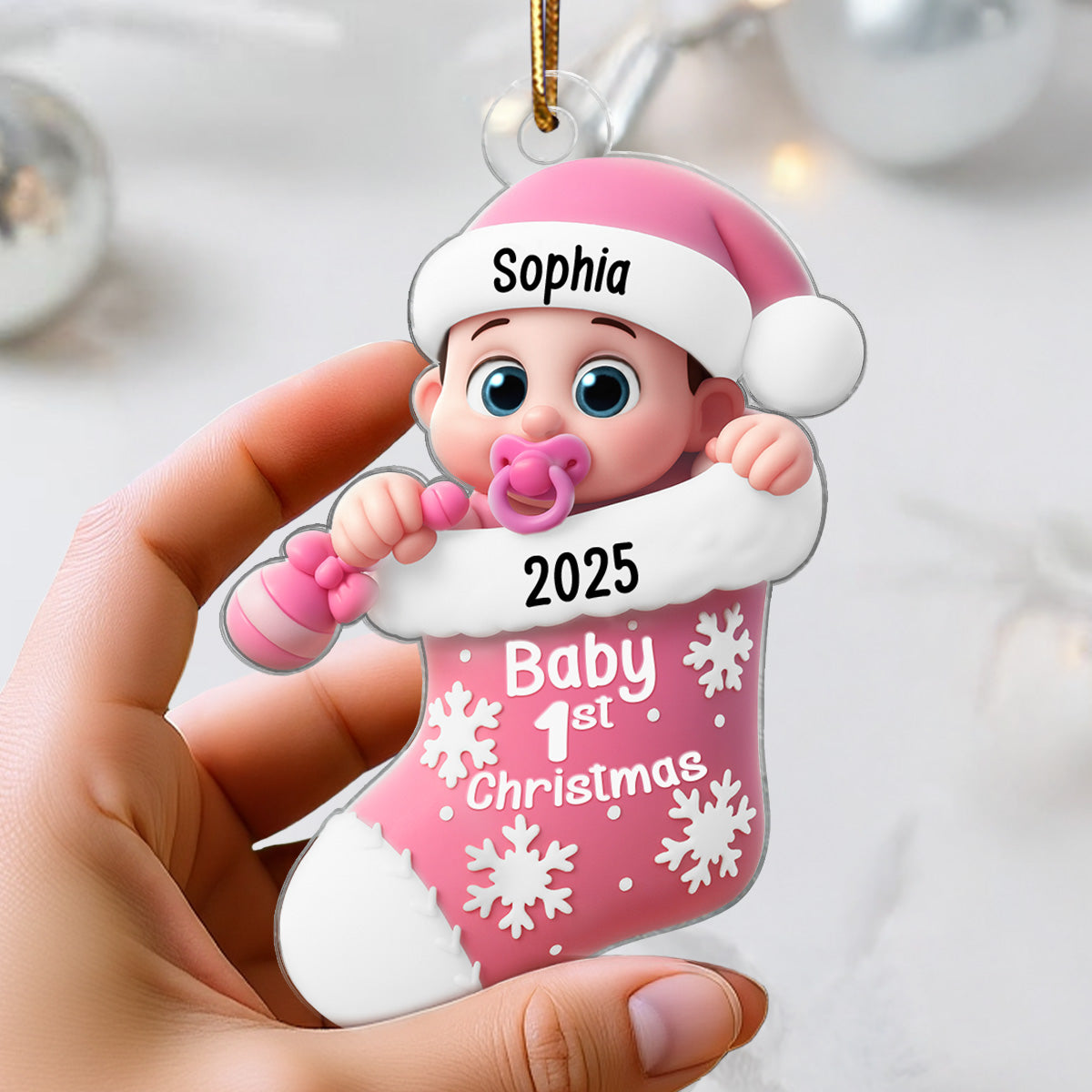3D Effect Cute Cartoon Baby In Stocking Baby's 1st Christmas Personalized Acrylic Flat Ornament