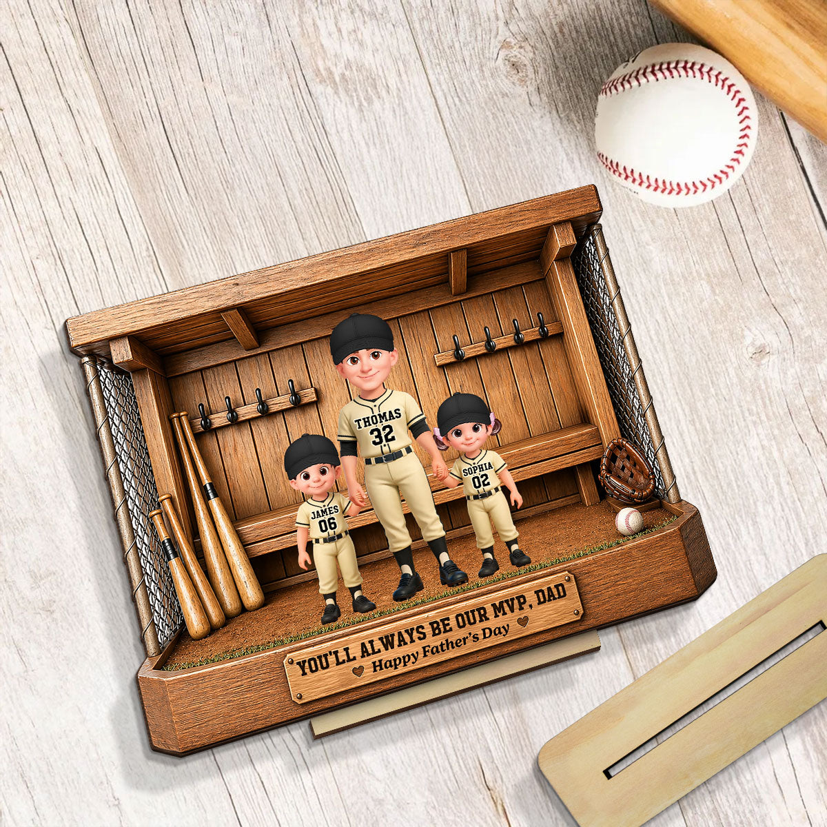 Baseball Dugout Dad And Kids We Caught The Best Dad - Personalized 2-Layered Wooden Plaque - Gift For Dad