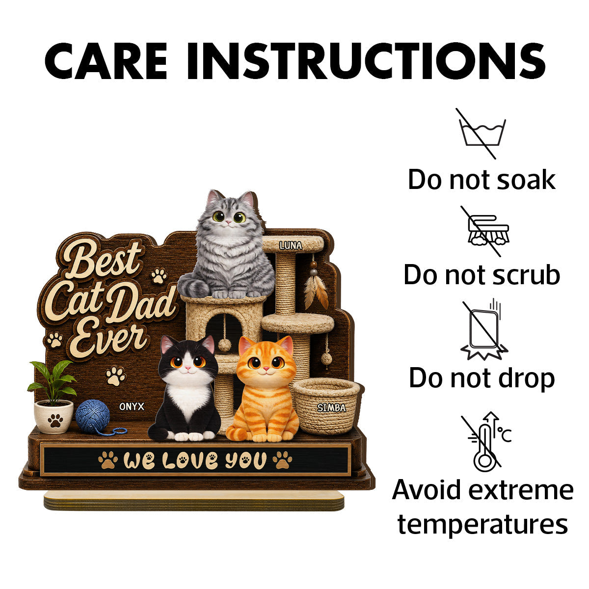 Best Cat Dad Ever Cute Cats On Cat Tree 2D Flat - Personalized 2-Layered Wooden Plaque - Gift For Cat Dad