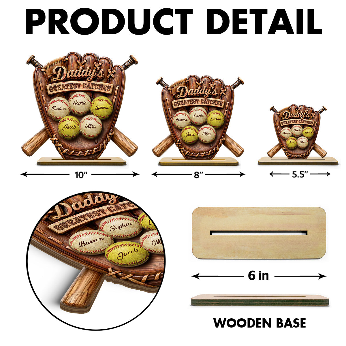 Daddy's Greatest Catches Baseball Softball - Personalized 2-Layered Wooden Plaque - Gift for Husband, Dad