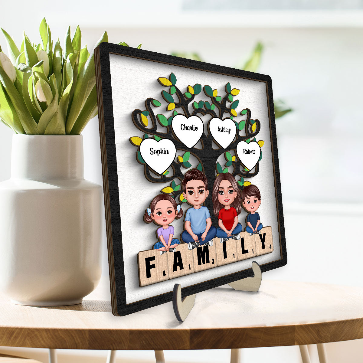 Family Crossed Legs Under Tree On Text Personalized 2-layer Wooden Plaque