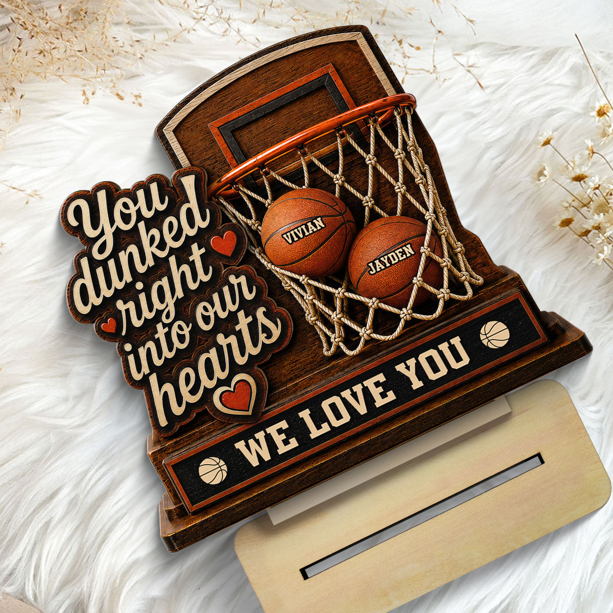 You Dunked Right Into Our Hearts Custom Name 2D Flat - Personalized 2-Layered Wooden Plaque - Gift For Basketball Dad