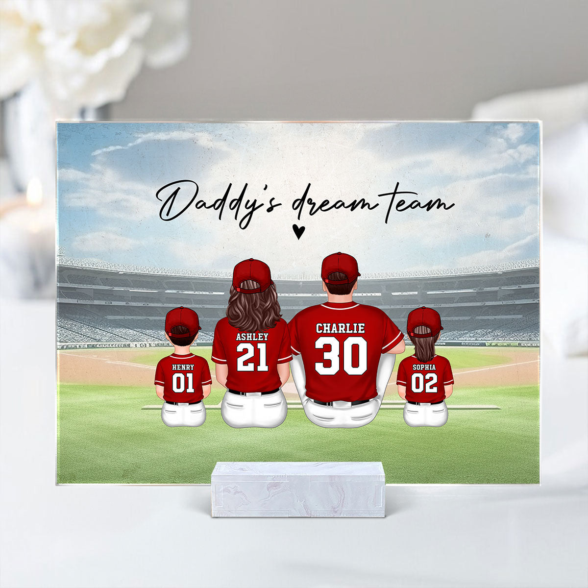 Daddy's Team Baseball Family Sitting Personalized Acrylic Plaque, Father's Day Gift For Dad, Grandpa, Husband
