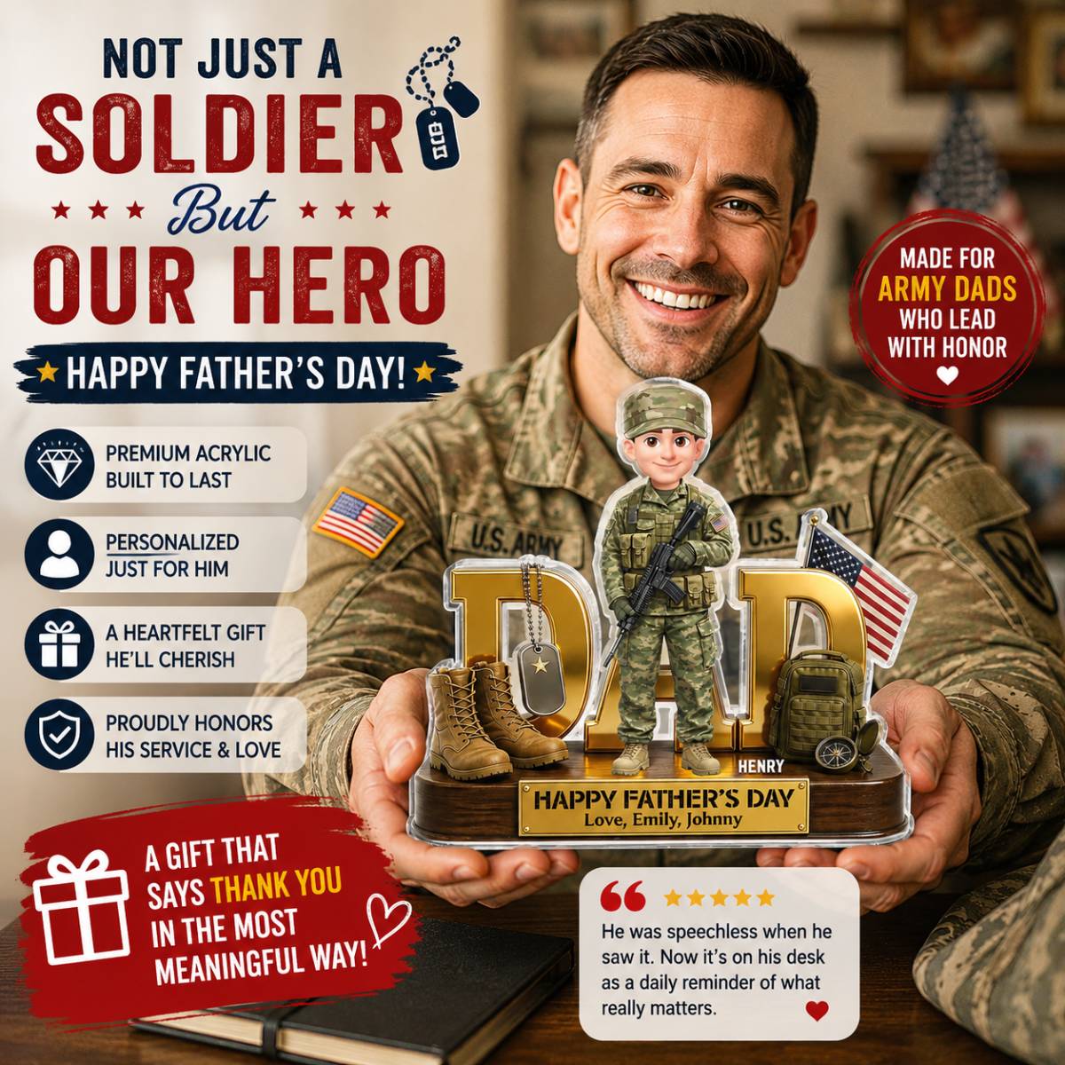 Proud American Military Armed Force Hero Dad 2D Flat - Personalized Acrylic Block Plaque - Unique Trending Gift For Dad, Husband