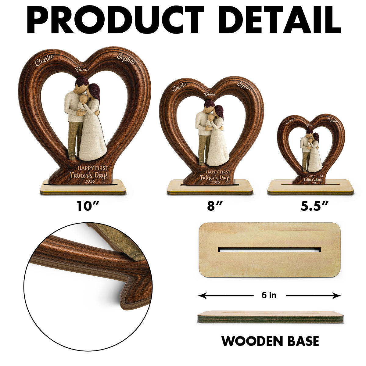 Happy First Dad From Mom And Baby 2D Flat Heart - Personalized 2-Layered Wooden Plaque - Heartfelt Gift For Husband, New Dad