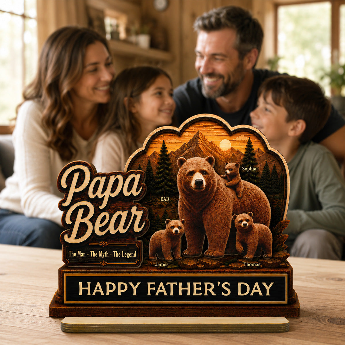Papa Bear The Man The Myth The Legend 2D Flat - Personalized 2-Layered Wooden Plaque - Gift For Husband, Dad