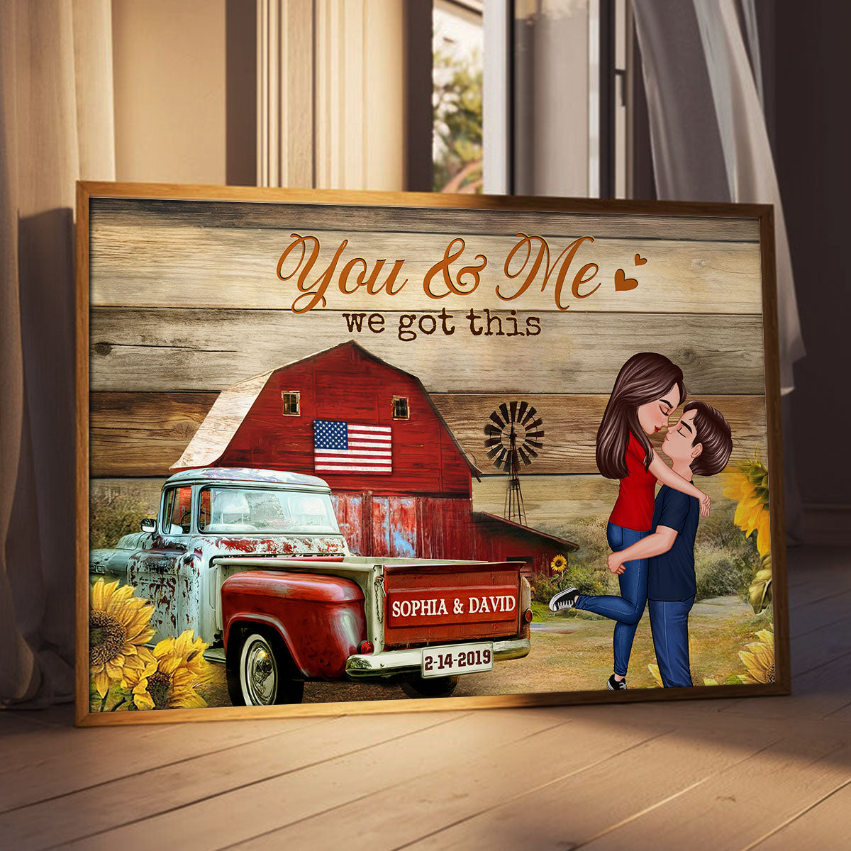 Couple Hugging Kissing Vintage Truck Farmhouse Personalized Poster, Anniversary Gift For Him, Her, Husband, Wife