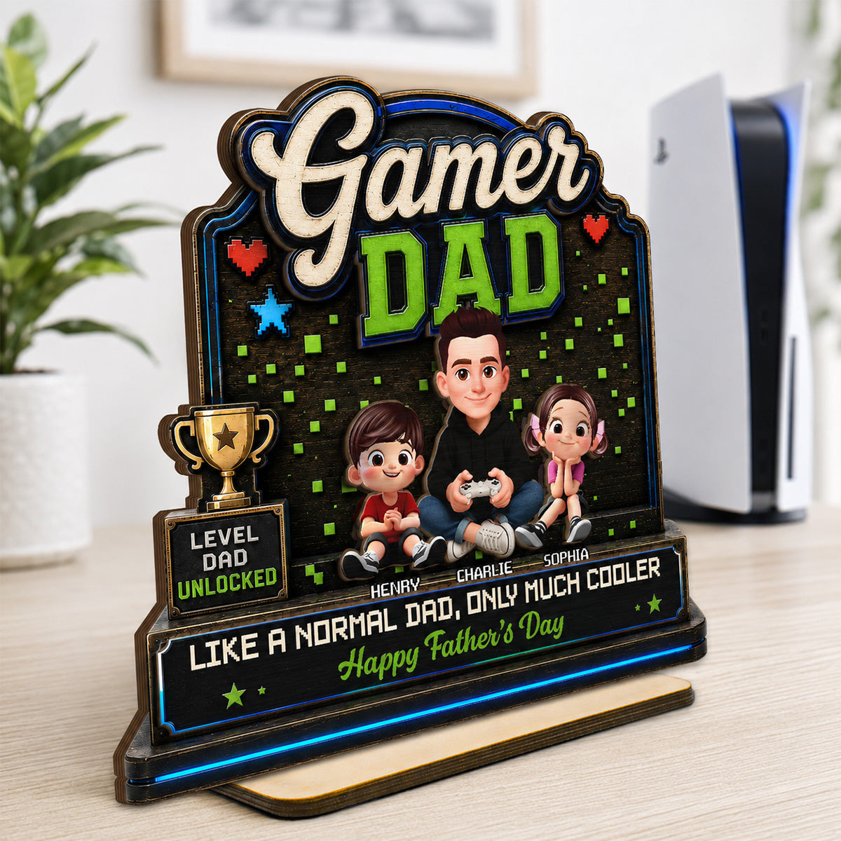 Gamer Dad & Kids - Personalized 2-Layered Wooden Plaque - Gift For Gamer Dad