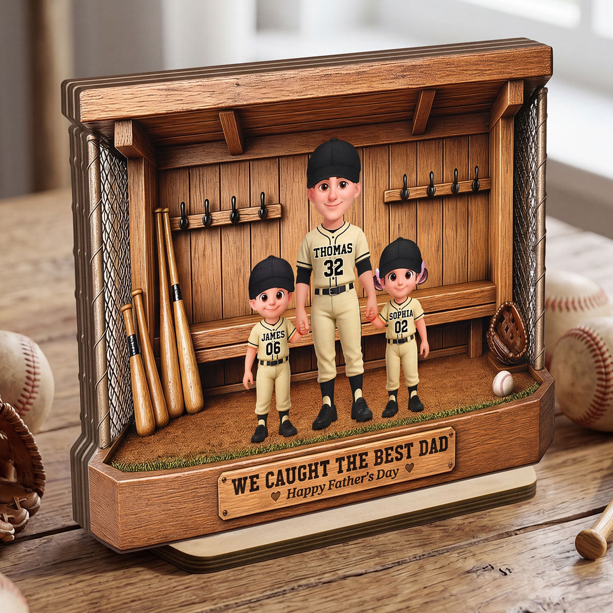 Baseball Dugout Dad And Kids We Caught The Best Dad - Personalized 2-Layered Wooden Plaque - Gift For Dad