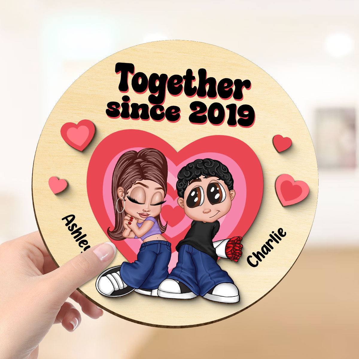 Y2K Couple Hearts Personalized 2-layer Wooden Plaque, Unique Valentine's Day Gift For Him, Gift For Her