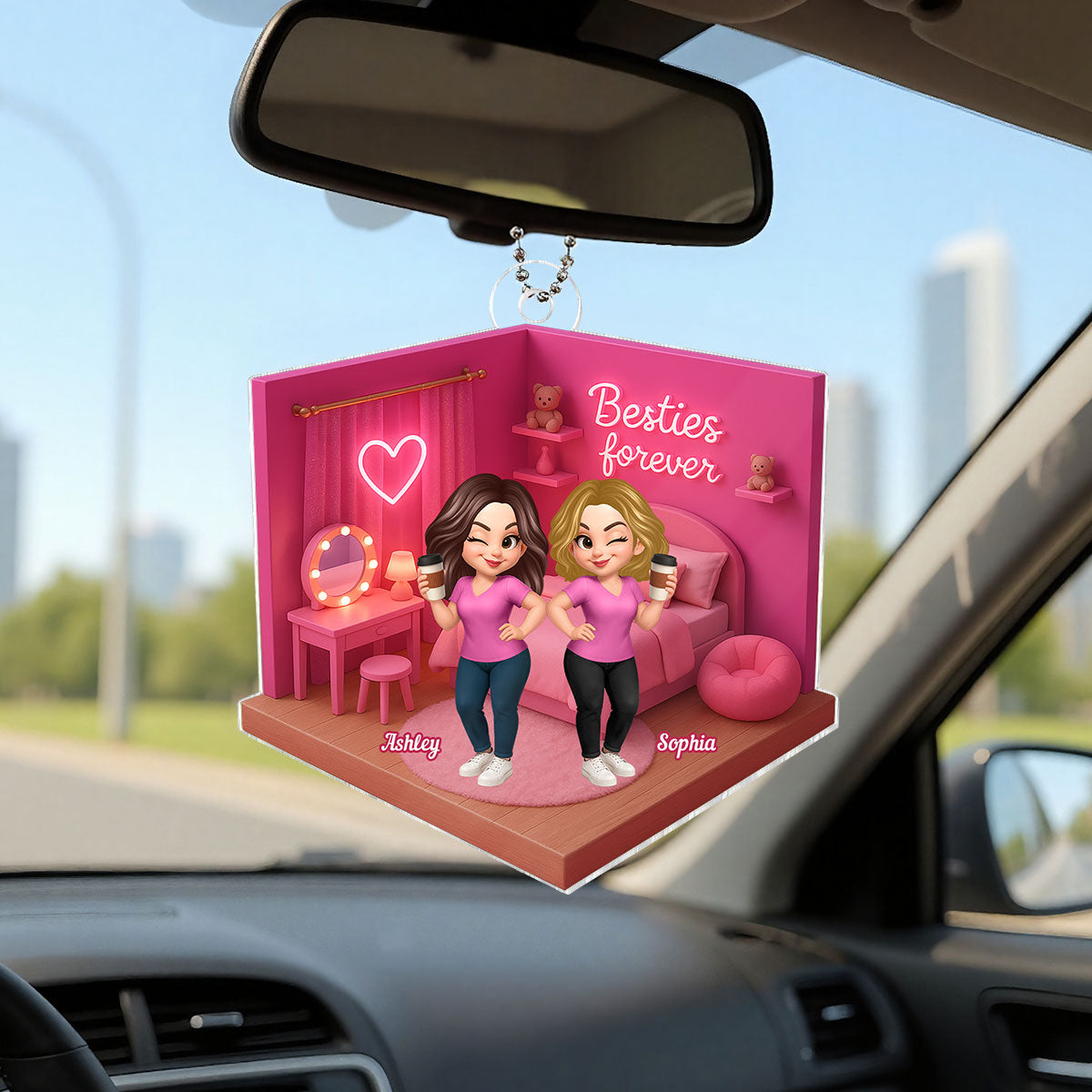 3D Effect Besties Pink Tone Dream Dollhouse Personalized Flat Acrylic Ornament