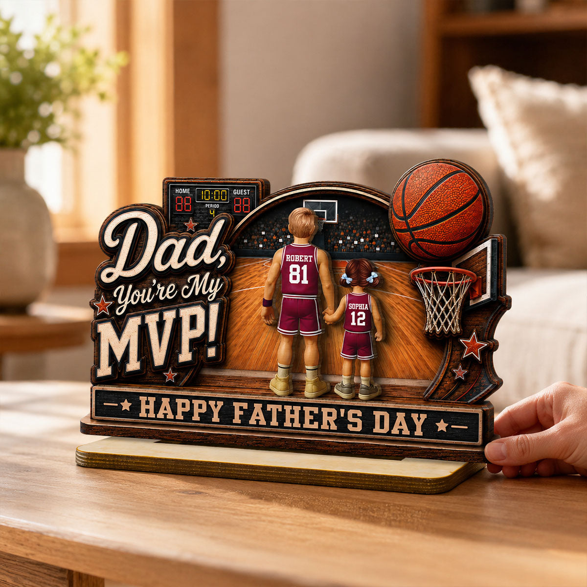 Dad You Are Our MVP Standing Basketball Man & Kids 2D Flat - Personalized 2-Layered Wooden Plaque - Gift For Basketball Dad