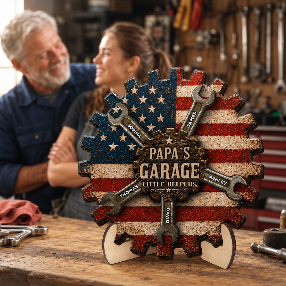 Rustic Workshop Little Helpers Nation Flag Theme 2D Flat - Personalized 2-Layered Wooden Plaque - Gift For Patriotic Mechanic Dad, Grandpa