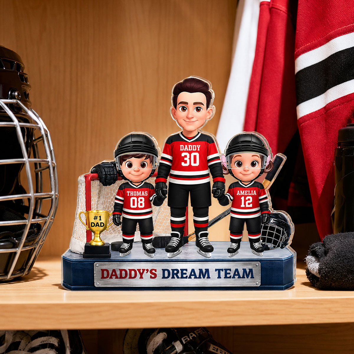Daddy's Dream Team Hockey Dad & Kids - Personalized Acrylic Block Plaque - Gift For Dad, Husband