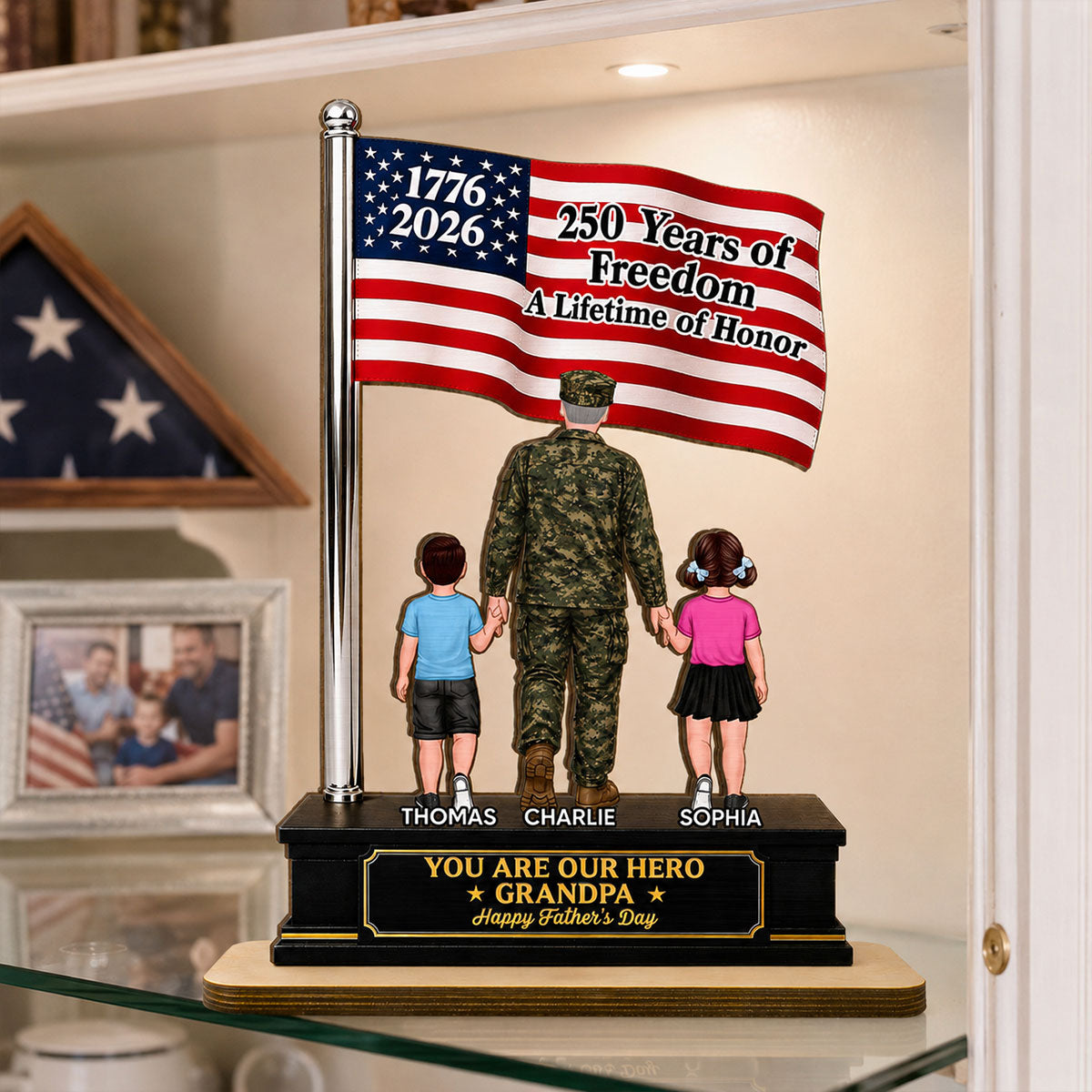 Proud American Military Veteran Grandpa Dad America 250th Anniversary - Personalized 2-Layered Wooden Plaque - Gift For Dad, Grandpa Husband
