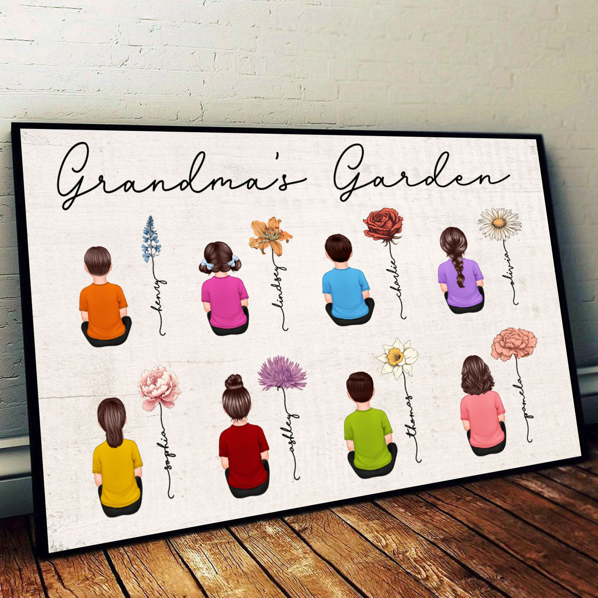 Vintage Birth Month Flowers Garden With Grandkids Names Personalized Poster, Perfect Gift For Grandma Mom Auntie