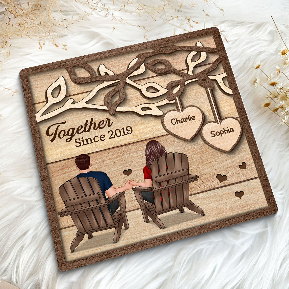 Couple Back View Sitting Under Tree Personalized 2-Layer Wooden Plaque, Valentine‘s Day Gift For Him, For Her