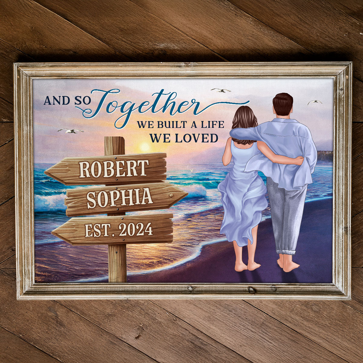 Couple Embracing And Walking On The Beach Personalized Poster, Heartfelt 2025 Gift For Couple, For Him, For Her, Boyfriend, Girlfriend, Husband, Wife