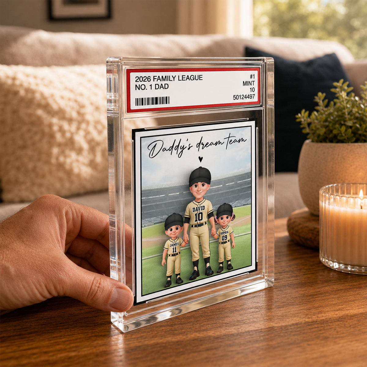Baseball No. 1 Dad Man & Kids Standing On Court Trading Card Style - Personalized Acrylic Block Plaque - Gift For Baseball Dad