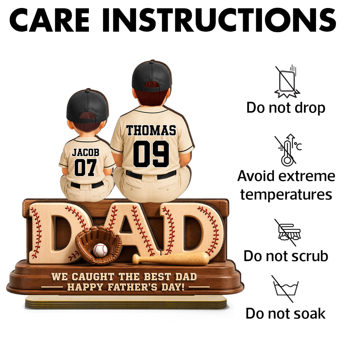 We Caught the Best Baseball Dad, Dad & Kids Back View - Personalized 2-Layered Wooden Plaque - Gift for Dad, Husband