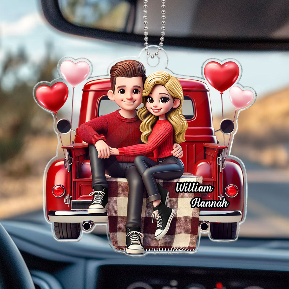 3D Effect Couple Sitting On Red Truck Personalized Acrylic Car Hanger, Gift, Anniversary Gift For Couples