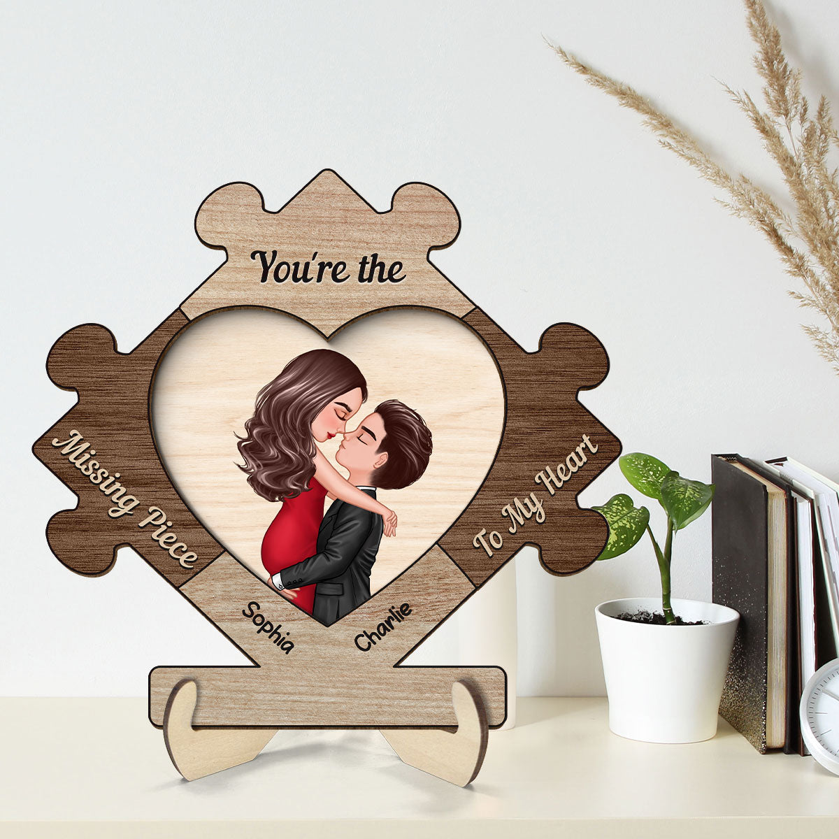 Couple Kissing In Puzzle Piece Personalized 2-layer Wooden Plaque, Gift For Him, For Her