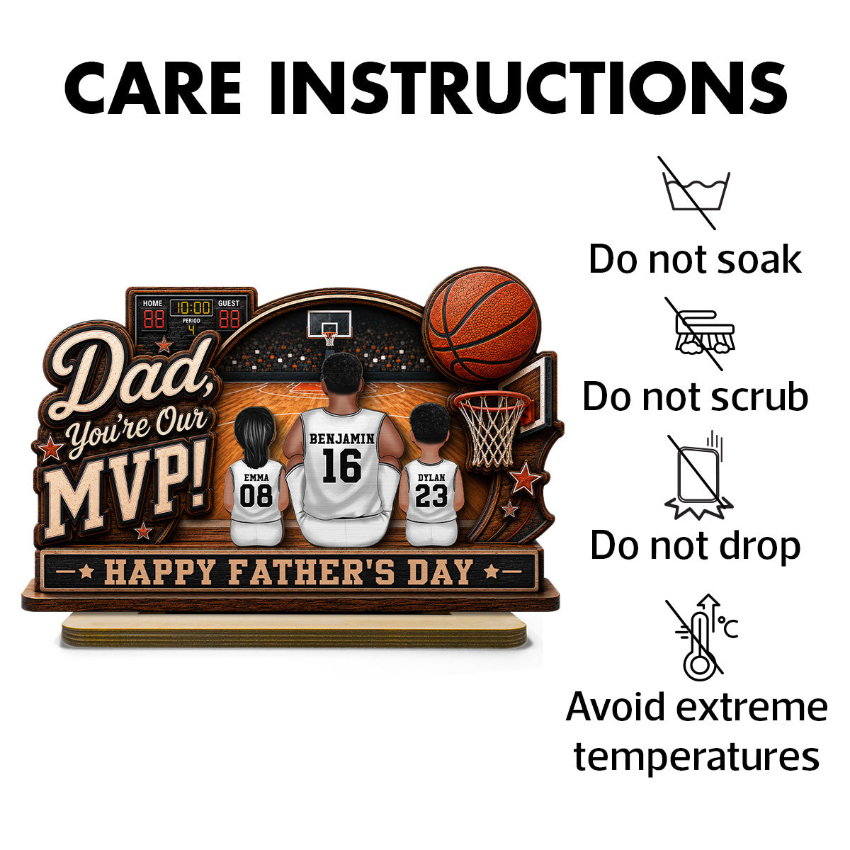 Dad You Are Our MVP Sitting Basketball Man & Kids 2D Flat - Personalized 2-Layered Wooden Plaque - Gift For Basketball Dad