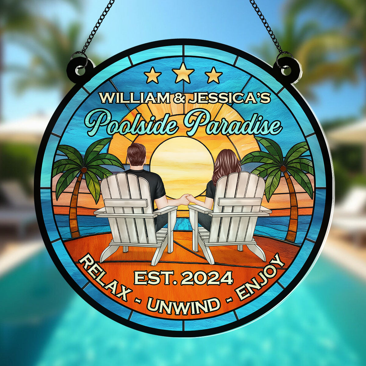 Couple Poolside Backyard Paradise Personalized Acrylic Suncatcher