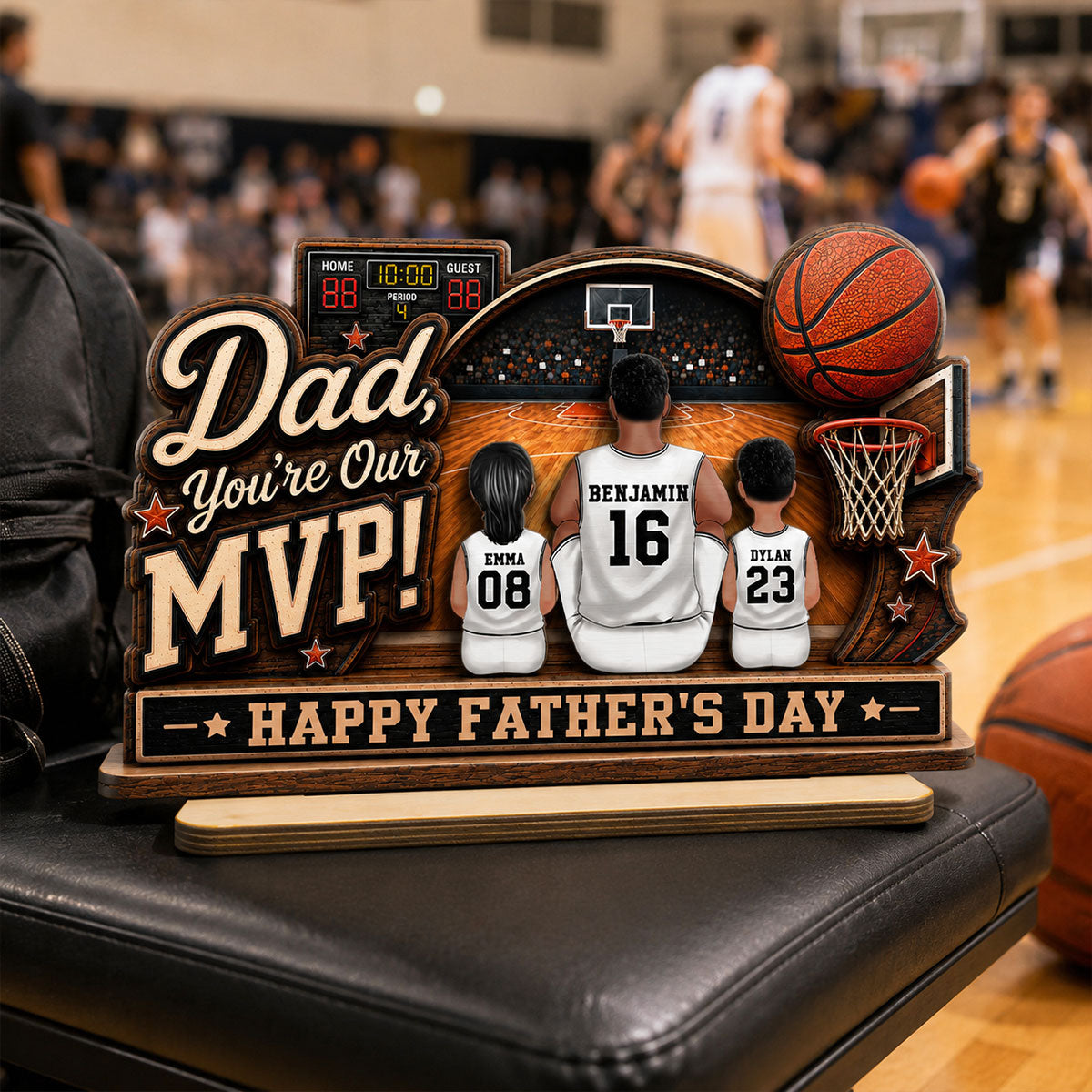 Dad You Are Our MVP Sitting Basketball Man & Kids 2D Flat - Personalized 2-Layered Wooden Plaque - Gift For Basketball Dad