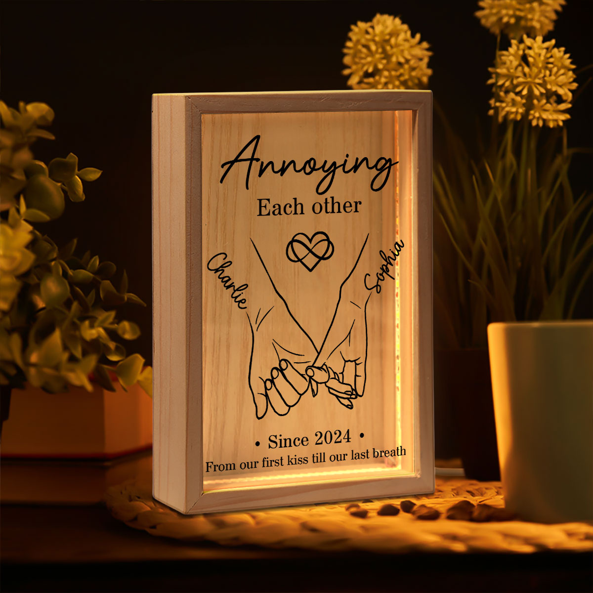 Couple Hand in Hand Outline Gift Personalized Wooden Frame LED Light Box