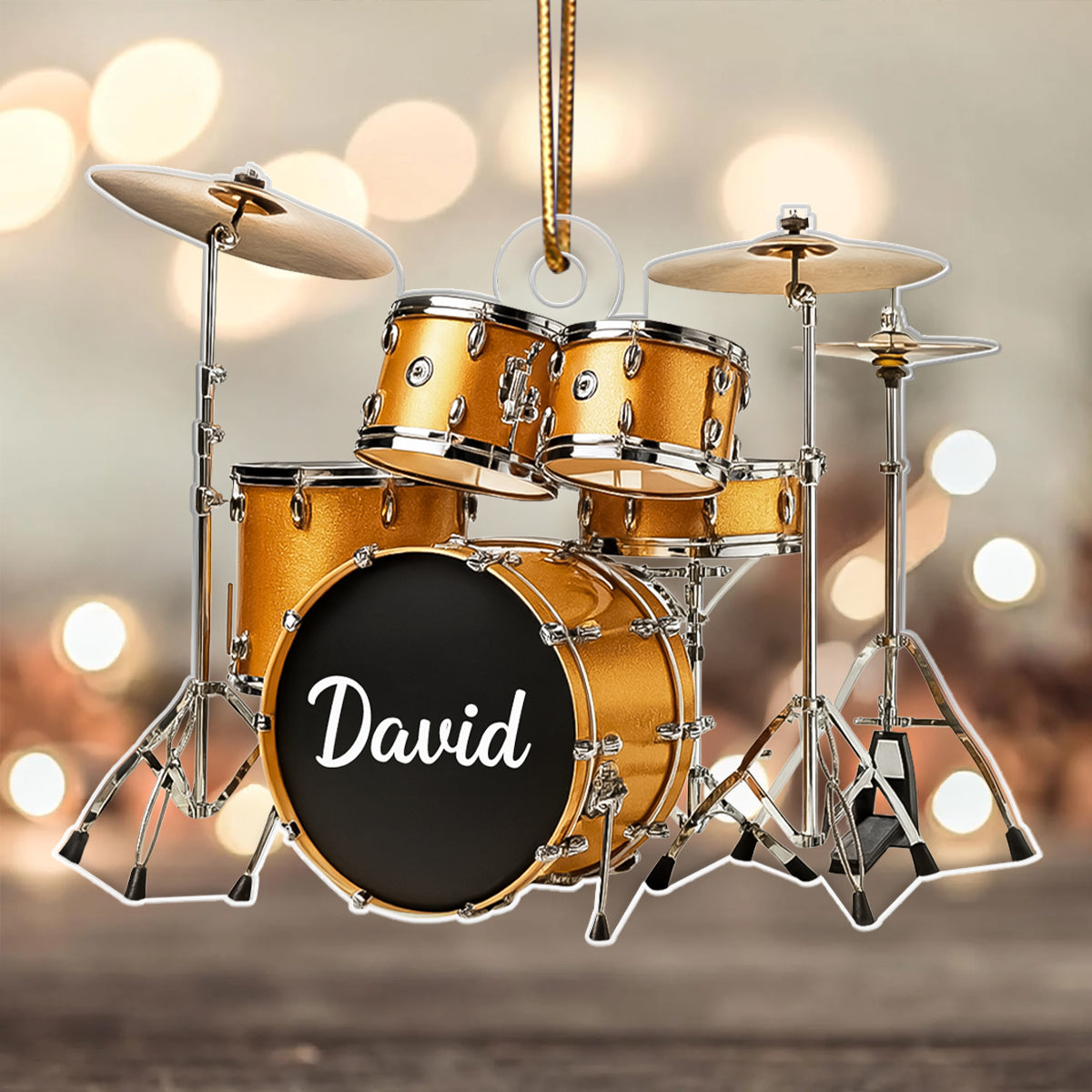 Custom Name Gold Drum Set - Personalized Acrylic Ornament - Thoughtful Drummer Christmas Gift, Musician Christmas Tree Hanging Decor