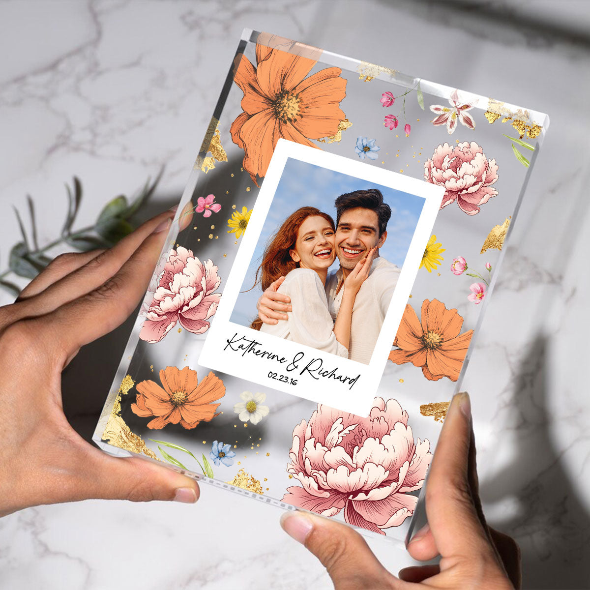Couple Upload Photo Birth Month Flowers Personalized Acrylic Block Plaque, Anniversary Gift, Gift