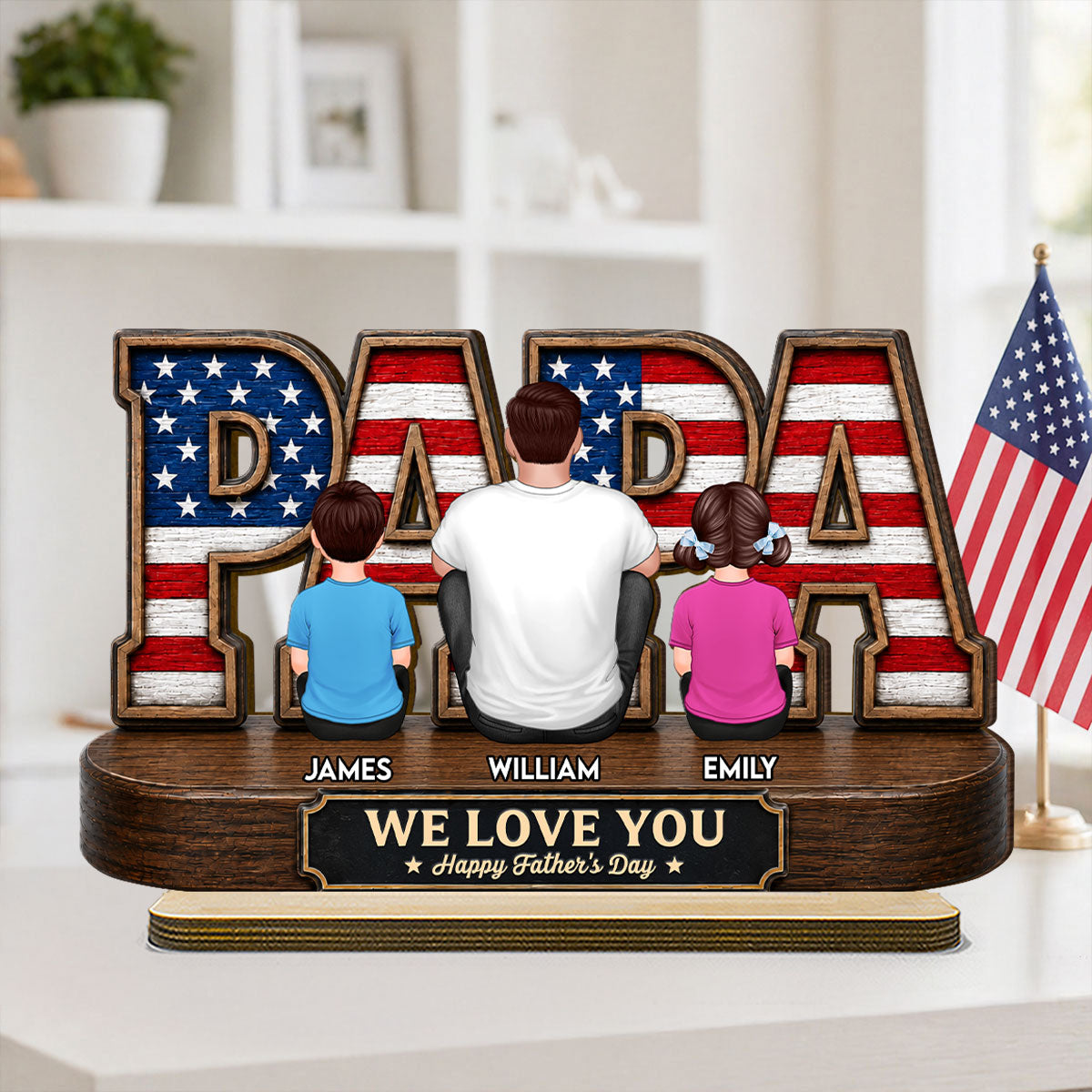 Proud Papa Grandpa Nation Flag Grandpa Dad And Kids - Personalized 2-Layered Wooden Plaque - Gift For Dad, Husband