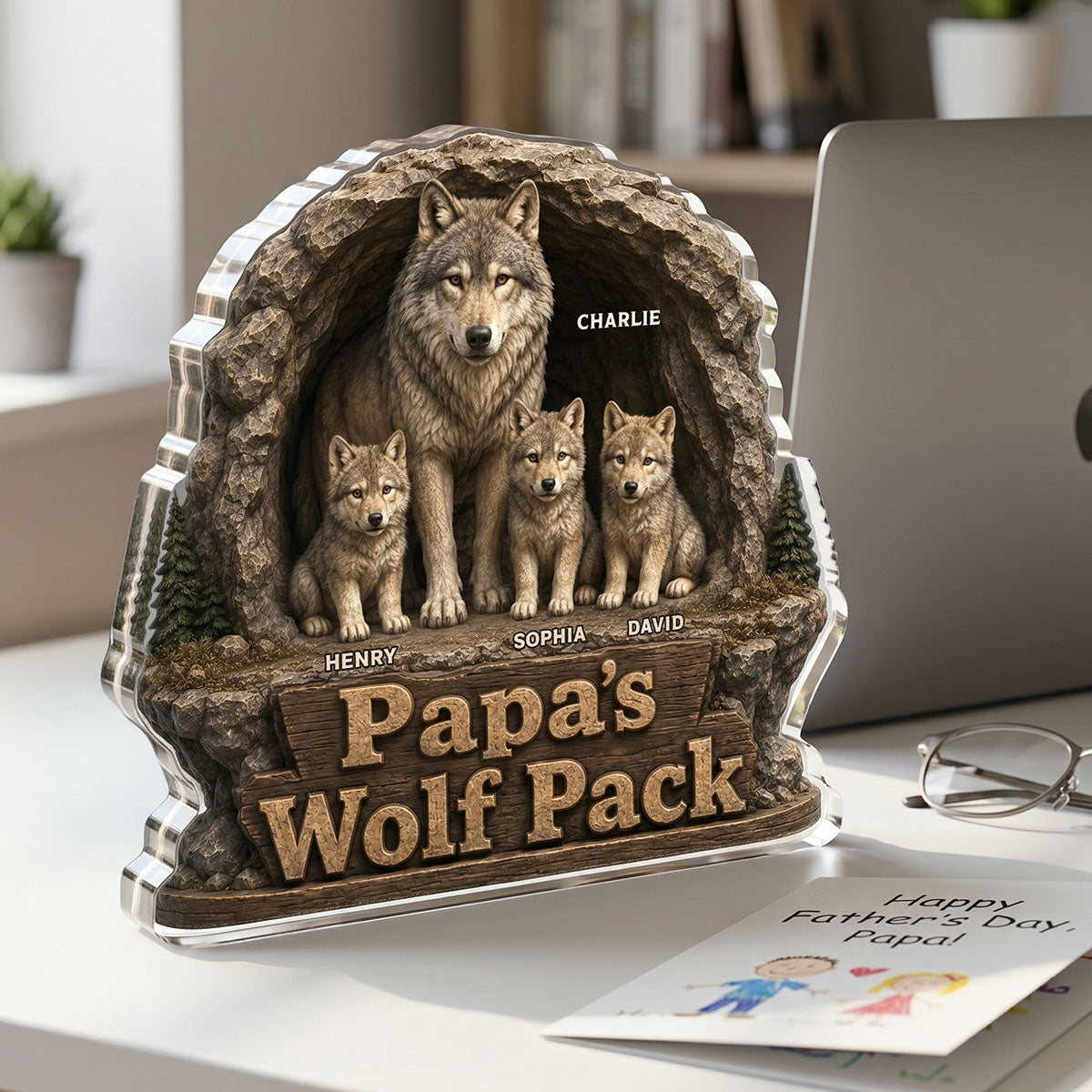 Dad Papa's Wolf Pack - Personalized Acrylic Block Plaque - Cool Gift For Dad, Husband